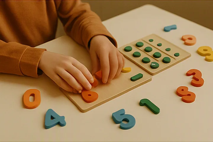 Manos utilizando números y materiales manipulativos para apoyar el aprendizaje