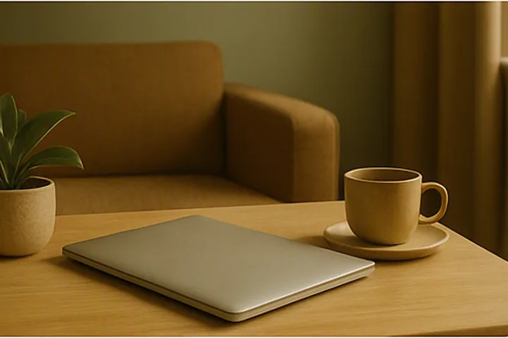 Computadora cerrada junto a una taza y una planta para representar descanso laboral