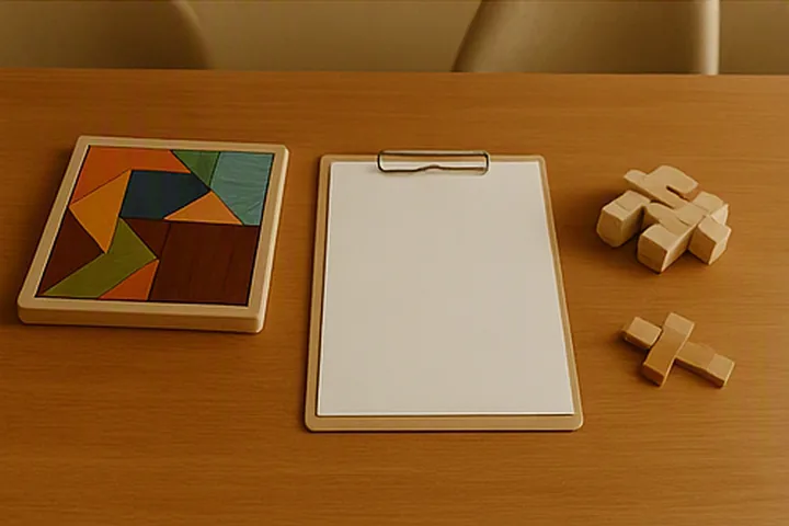 Materiales geométricos, rompecabezas y hoja de evaluación en un escritorio