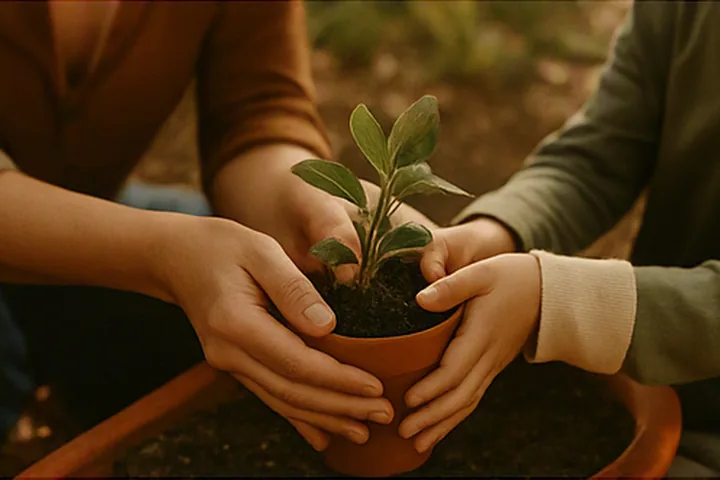 Manos adultas e infantiles cuidando juntas una planta joven