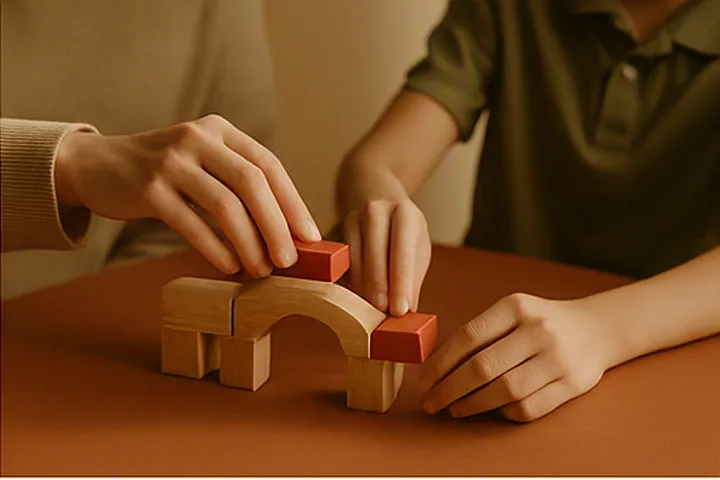 Persona adulta y menor construyendo juntos un puente con bloques de madera