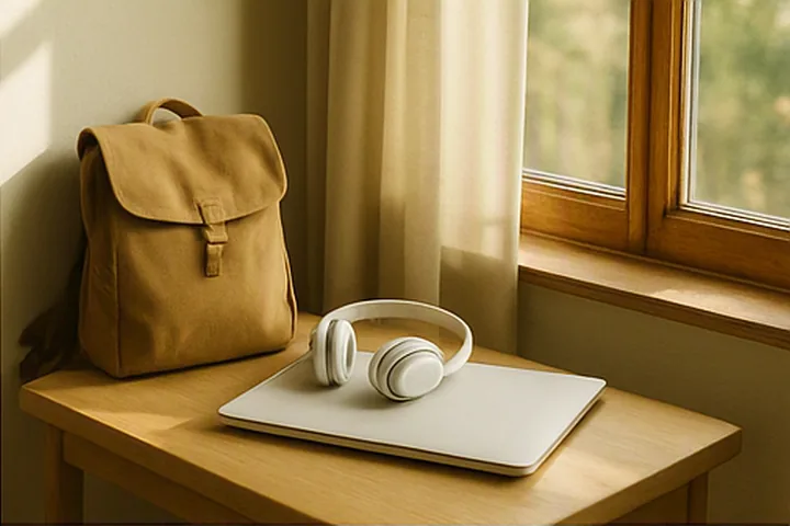 Mochila, audífonos y computadora en un espacio tranquilo para adolescentes