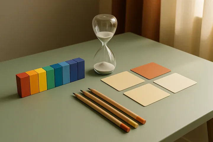 Reloj de arena, bloques de colores y tarjetas organizadas para apoyo en TDAH