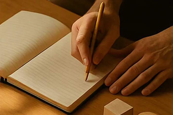 Cuaderno, lápiz y formas de madera para una reflexión estructurada