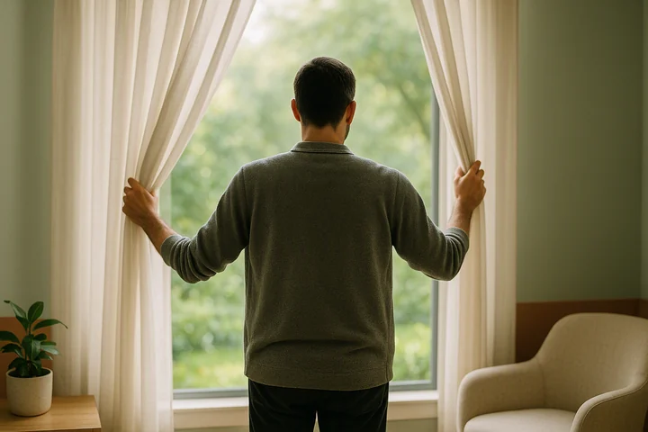 Persona abriendo las cortinas para recibir la luz de la mañana